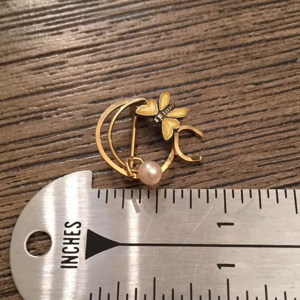 Vintage WELLS 14k Gold Filled Pin Butterfly Pearl